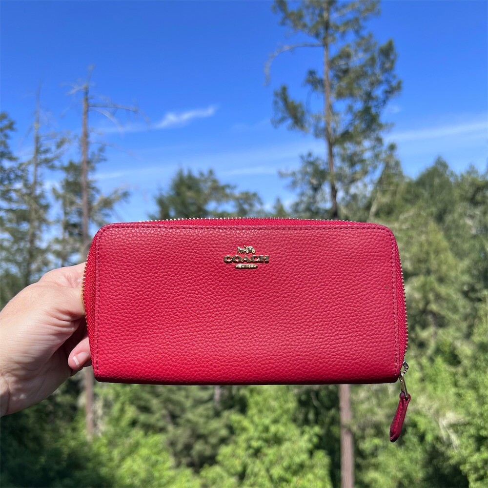 COACH Long Zip-Around Wallet Pebble Leather RED with Gold Hardware AUTHENTIC
